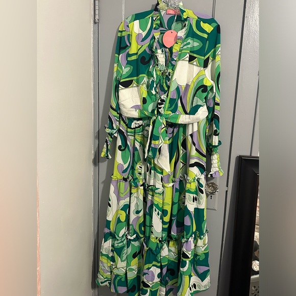 Lilys Kloset Vibrant Ruffles Wide Leg Pants Set (Green Multi) - Picture 5 of 6